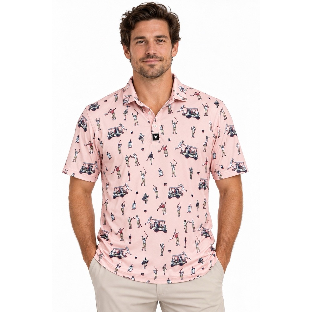 Bad Birdie Golf Polo Men's XL Pink Golf Cart Novelty Print Performance Shirt